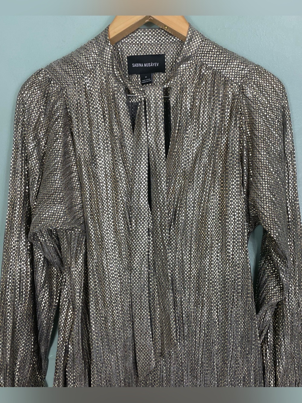 Sabina Musayev Tied Shimmer Gold Tunic Dress With Pockets Pleated Women Medium - Picture 3 of 9